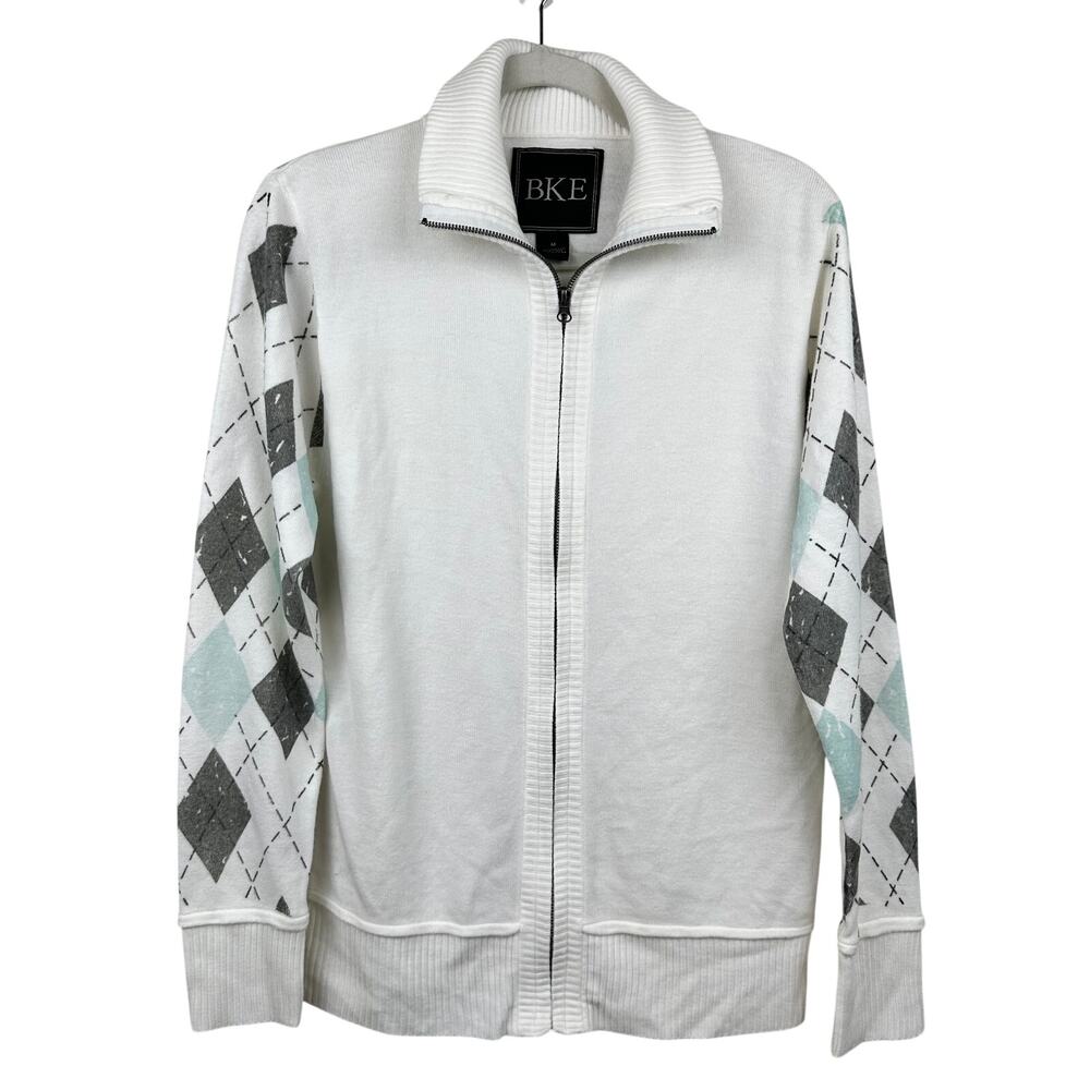 BKE by Buckle Men's Full Zip Sweater Jacket Argyle Mock Neck White Med Preppy